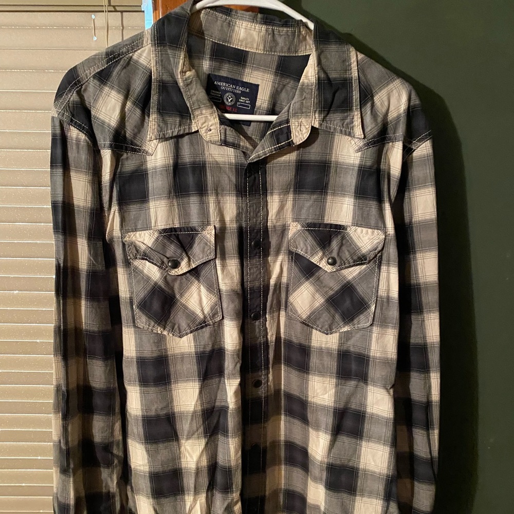 Men’s pearl snap plaid shirt black and cream size XL American eagle brand